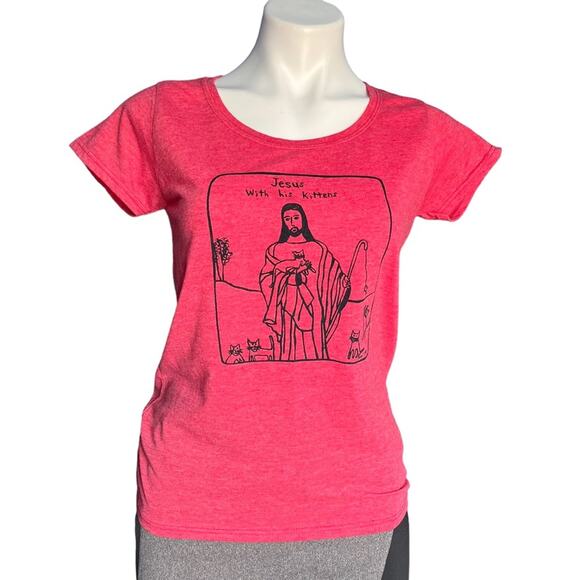 Jesus With his Kittens red short sleeve t-shirt size Small - Picture 1 of 4
